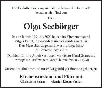 Traueranzeige von Olga Seebörger von Deister- und Weserzeitung