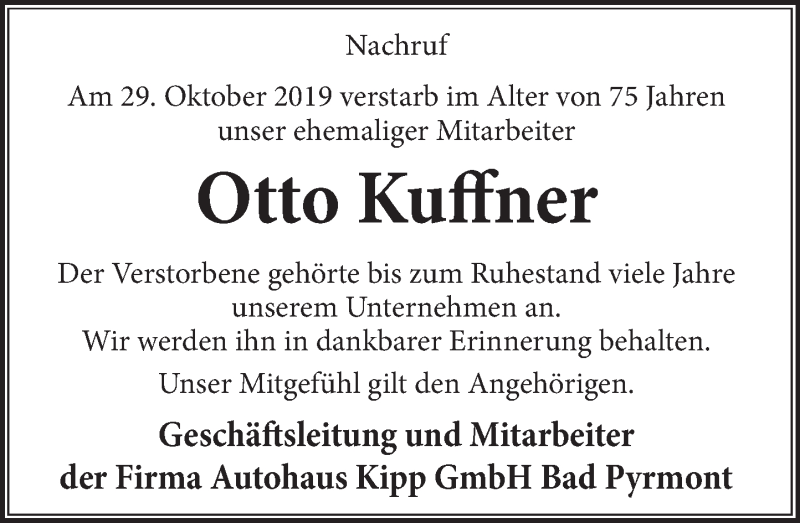  Traueranzeige für Otto Kuffner vom 06.11.2019 aus Deister- und Weserzeitung