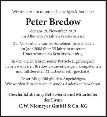 Traueranzeige von Peter Bredow von Deister- und Weserzeitung