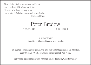Traueranzeige von Peter Bredow von Deister- und Weserzeitung