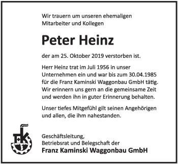 Traueranzeige von Peter Heinz von Deister- und Weserzeitung