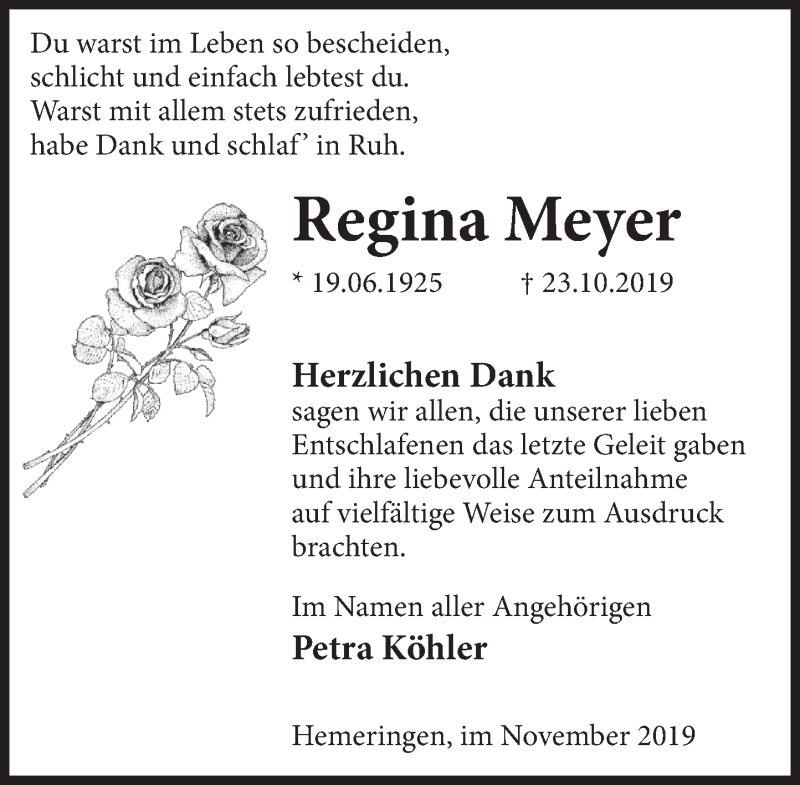 Traueranzeigen von Regina Meyer | Trauerportal Ihrer Tageszeitung