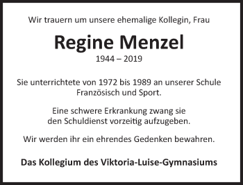 Traueranzeige von Regine Menzel von Deister- und Weserzeitung