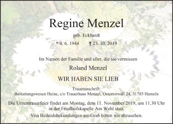 Traueranzeige von Regine Menzel von Deister- und Weserzeitung
