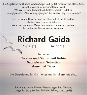 Traueranzeige von Richard Gaida von Neue Deister-Zeitung