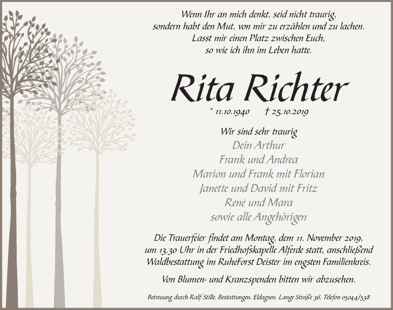  Traueranzeige für Rita Richter vom 06.11.2019 aus 