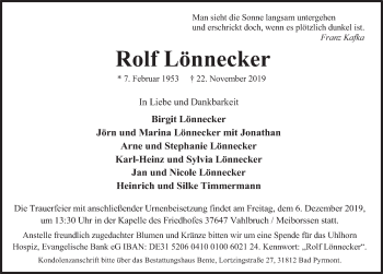 Traueranzeige von Rolf Lönnecker von Deister- und Weserzeitung