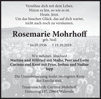 Traueranzeige von Rosemarie Mohrhoff von Deister- und Weserzeitung