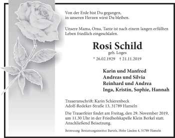 Traueranzeige von Rosi Schild von Deister- und Weserzeitung