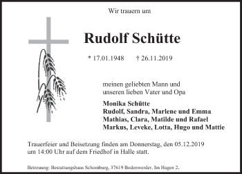 Traueranzeige von Rudolf Schütte von Deister- und Weserzeitung