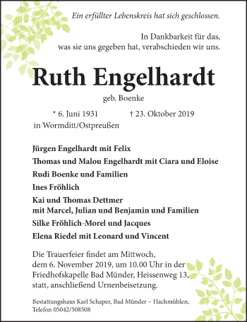 Traueranzeige von Ruth Engelhardt von Neue Deister-Zeitung