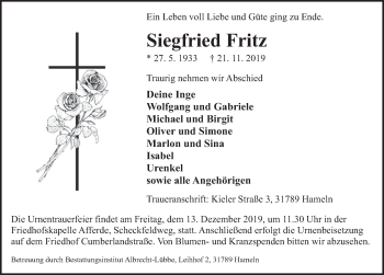 Traueranzeige von Siegfried Fritz von Deister- und Weserzeitung