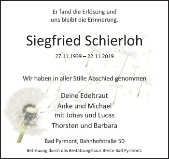 Traueranzeige von Siegfried Schierloh von Deister- und Weserzeitung