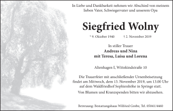 Traueranzeige von Siegfried Wolny von Neue Deister-Zeitung