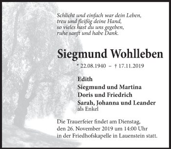 Traueranzeige von Siegmund Wohlleben von Deister- und Weserzeitung