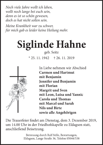 Traueranzeige von Siglinde Hahne von Neue Deister-Zeitung