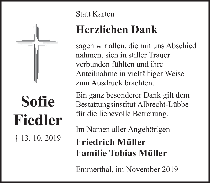  Traueranzeige für Sofie Fiedler vom 16.11.2019 aus Deister- und Weserzeitung