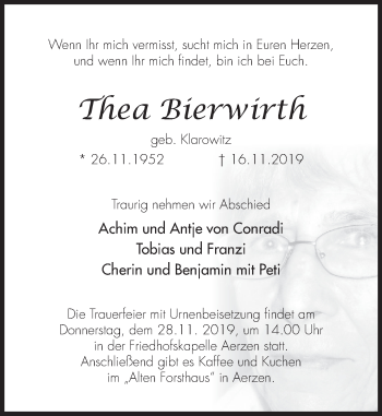 Traueranzeige von Thea Bierwirth von Deister- und Weserzeitung