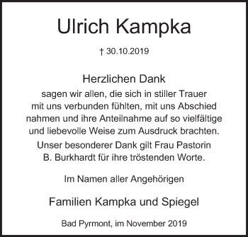 Traueranzeige von Ulrich Kampka von Deister- und Weserzeitung