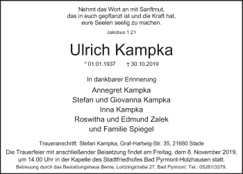 Traueranzeige von Ulrich Kampka von Deister- und Weserzeitung