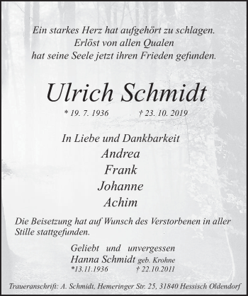Traueranzeige von Ulrich Schmidt von Deister- und Weserzeitung