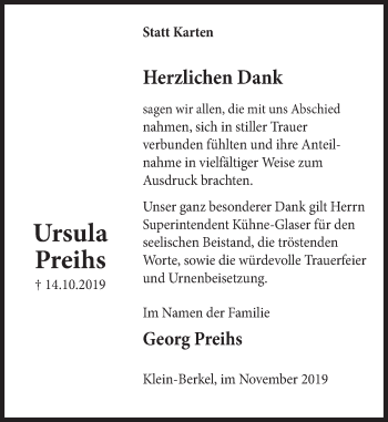 Traueranzeige von Ursula Preihs von Deister- und Weserzeitung