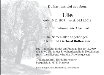 Traueranzeige von Ute  von Deister- und Weserzeitung