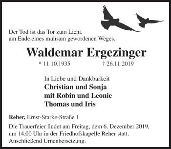 Traueranzeige von Waldemar Ergezinger von Deister- und Weserzeitung