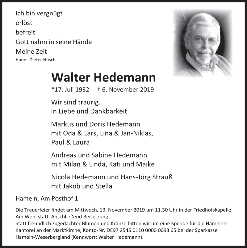  Traueranzeige für Walter Hedemann vom 09.11.2019 aus Deister- und Weserzeitung