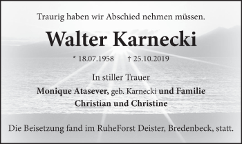 Traueranzeige von Walter Karnecki von Neue Deister-Zeitung