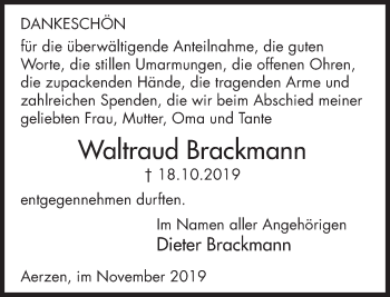 Traueranzeige von Waltraud Brackmann von Deister- und Weserzeitung