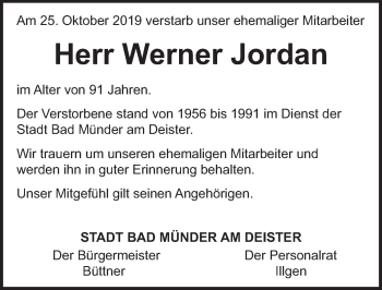 Traueranzeige von Werner Jordan von Neue Deister-Zeitung