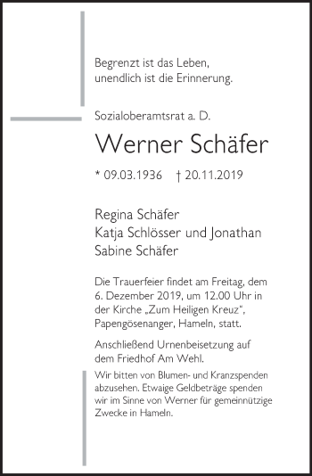 Traueranzeige von Werner Schäfer von Deister- und Weserzeitung