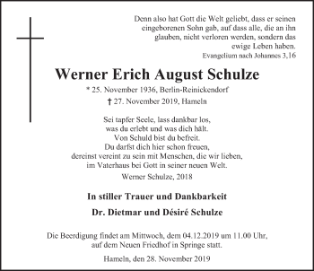 Traueranzeige von Werner Erich August Schulze von Deister- und Weserzeitung