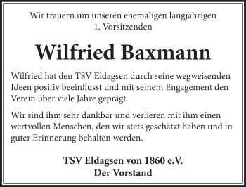 Traueranzeige von Wilfried Baxmann von Neue Deister-Zeitung