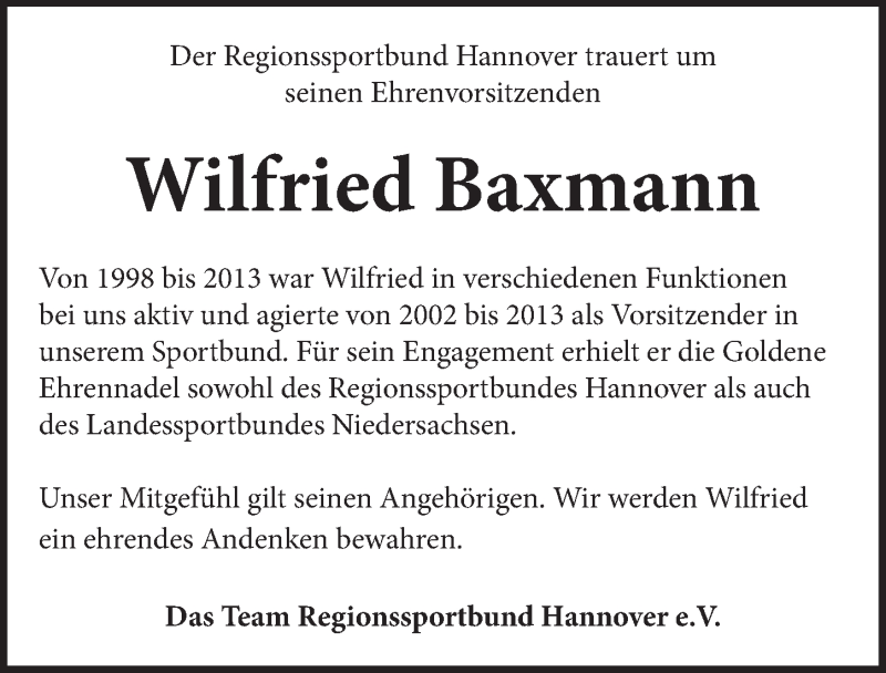  Traueranzeige für Wilfried Baxmann vom 23.11.2019 aus Neue Deister-Zeitung