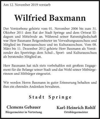 Traueranzeige von Wilfried Baxmann von Neue Deister-Zeitung