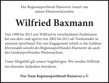 Traueranzeige von Wilfried Baxmann von Neue Deister-Zeitung