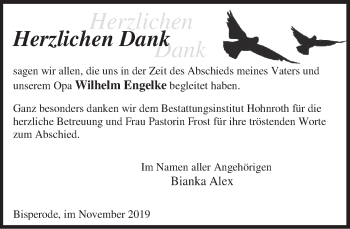 Traueranzeige von Wilhelm Engelke von Deister- und Weserzeitung