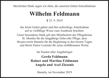 Traueranzeige von Wilhelm Feldmann von Deister- und Weserzeitung