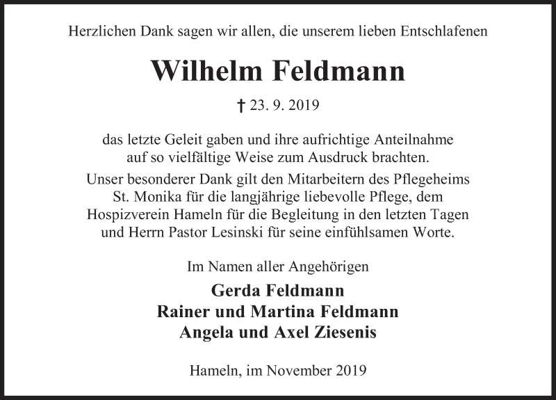  Traueranzeige für Wilhelm Feldmann vom 02.11.2019 aus Deister- und Weserzeitung