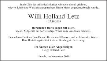 Traueranzeige von Willi Holland-Letz von Deister- und Weserzeitung