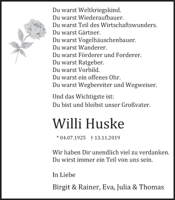 Traueranzeige von Willi Huske von Deister- und Weserzeitung