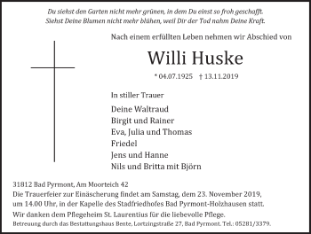 Traueranzeige von Willi Huske von Deister- und Weserzeitung