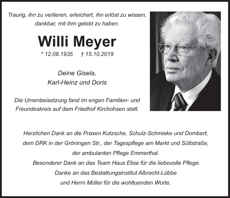 Traueranzeige für Willi Meyer vom 09.11.2019 aus Deister- und Weserzeitung