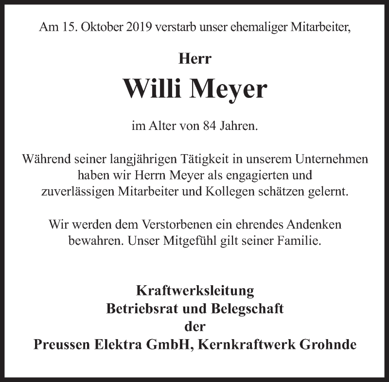  Traueranzeige für Willi Meyer vom 16.11.2019 aus Deister- und Weserzeitung