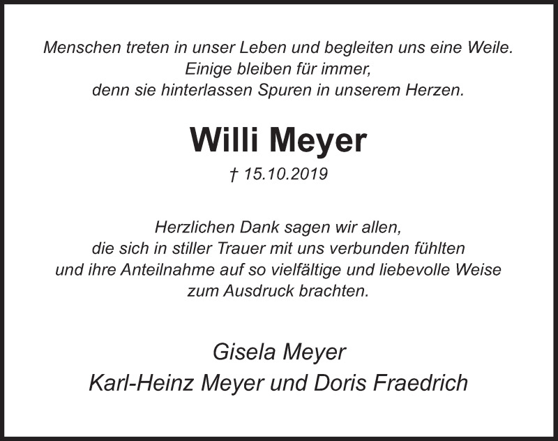 Traueranzeige für Willi Meyer vom 30.11.2019 aus Deister- und Weserzeitung