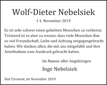 Traueranzeige von Wolf-Dieter Nebelsiek von Deister- und Weserzeitung