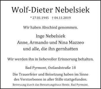 Traueranzeige von Wolf-Dieter Nebelsiek von Deister- und Weserzeitung