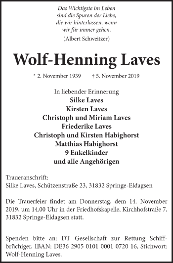 Traueranzeige von Wolf-Henning Laves von Neue Deister-Zeitung